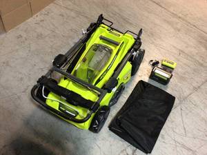 lot 111 image: 40V Brushless 20 in. Cordless Battery Walk Behind Push Lawn Mower with  Battery and Charger by RYOBI Customer Returns See Pictures