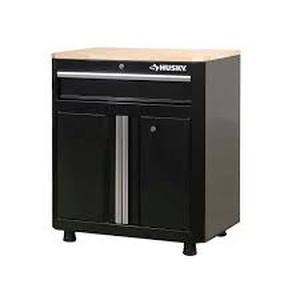 lot 108 image: Ready-to-Assemble 24-Gauge Steel 1-Drawer 2-Door Garage Base Cabinet in Black (28 in. W x 33 in. H x 18 in. D) by Husky Customer Returns See Pictures