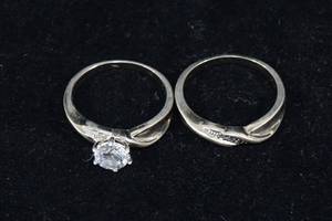 Sterling Silver Cubic Zirconia Wedding Ring Set - Narrow Band