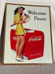 lot 131 image: Welcome Pause Coca-Cola Metal Sign