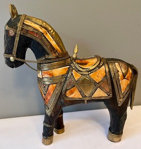 lot 280 image: Brass and Wooden Horse with Inlaid Stones