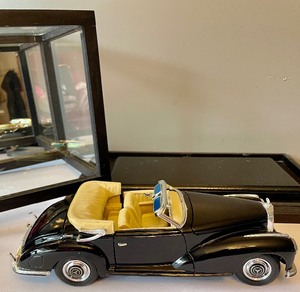 lot 124 image: 3 Vintage Die Cast Car Models in Wood and Glass Display Cases