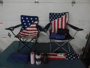 lot 8 image: 2-Flag Folding Chairs, 3-Insulated Bottles & Throw Blanket With Pillow