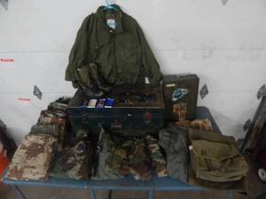 lot 17 image: Large Military Lot Some Vintage, Boots, Pants, Shirts, Jacket, Bags, Trunk, Pins & Patches (Clothing XL)