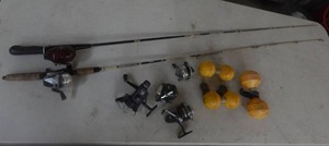 lot 37 image: 2-Vintage Rod & Reel Combos, 4-Reels & 3-Spot Markers