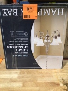 lot 20 image: Hampton Bay Kensley Park 5-Light Classic Traditional Brushed Nickel Hanging Candlestick Chandelier with Frosted White Shade Open box