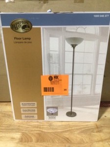 lot 35 image: Hampton Bay 71 in. Satin Steel Floor Lamp with Frosted White Shade Open box