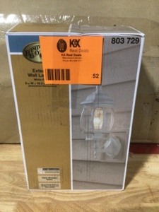 lot 52 image: 16.5 in. White 1-Light Outdoor Wall Lamp with Clear Beveled Glass Shade Open box
