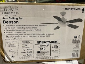 lot 64 image: Home Decorators Collection Benson 44 in. LED White Ceiling Fan with Light open box customer return see pictures