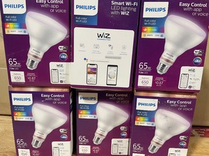 lot 65 image: Lot of 6 New Philips Color and Tunable White BR30 LED 65-Watt Equivalent Dimmable Smart Wi-Fi Wiz Connected Wireless Light Bulb