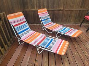 lot 303 image: Vibrant Vintage Striped Deck Lounger Pair