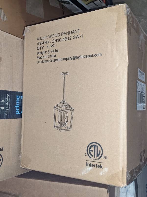 lot 107 image: Farmhouse 4 Light Wood Pendant Chandelier