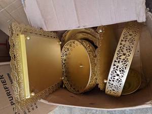 lot 96 image: 7 Piece Set of Gold Cake Stands and Pastry Trays