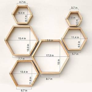 lot 225 image: Honeycomb Hexagon Floating Shelves, Set of 6, Natural Wood