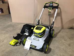 lot 16 image: RYOBI 40V HP Brushless 21 in. Battery Walk Behind Push Lawn Mower with 1 batterry and charger in  good conditions