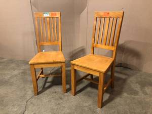 lot 26 image: StyleWell Scottsbury Honey Brown Wood Dining Chair with Slat Back (Set of 2) (16.7 in. W x 38.7 in. H) - good condition - review all pictures