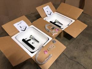 lot 34 image: Lot of 2 Puluomis Black Ceramic Rectangular Vessel Sink with Black Faucet - good condition - review all pictures