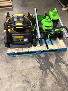 lot 23 image: Mix lot of assorted battery lawn mower - ryobi and dewalt - for parts no batteries - review all pictures