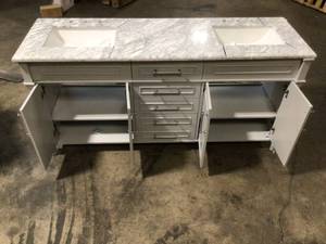 lot 24 image: Home Decorators Collection Aberdeen 72 in. W x 22 in. D Bath Vanity in Dove Grey with Carrara Marble Top with White Sinks - has damage and cracks - review all pictures