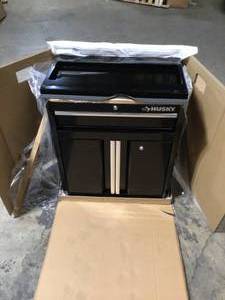 lot 25 image: Husky Ready-to-Assemble 24-Gauge Steel 1-Drawer 2-Door Garage Base Cabinet in Black (28 in. W x 33 in. H x 18 in. D) - good condition - review all pictures