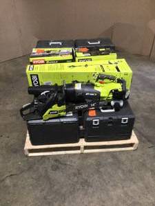 lot 38 image: Mix lot of assorted Ryobi Chainsaws and Outdoor tools review all pictured various conditions