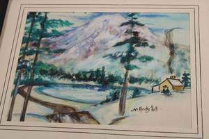 Vintage Framed Print Cabin & Mountain M Alndy 63 signed