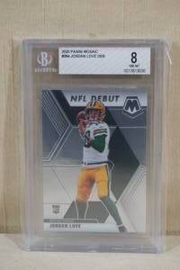 lot 59 image: 2020 Panini Mosaic Jordan Love NFL Debut Rookie Card - Beckett 8