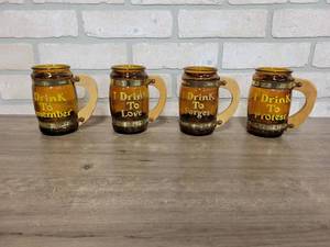 lot 1493 image: Lot of (4) Glass w Wood Handle Keg Mugs - 5 Tall Each