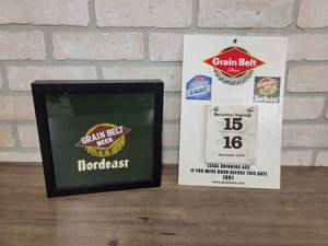 lot 1508 image: Grain Belt Shadow Box w T-Shirt And Grain Belt Calendar