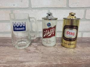 lot 1562 image: Schlitz and Stag Beer Can Table Top Lighters and Hamms Beer Mug