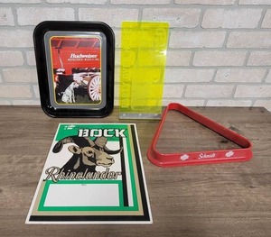 lot 1612 image: Schmidt Pool Rack, Rhinelander Cardboard Sign, Budweiser Tray and MGD Sign