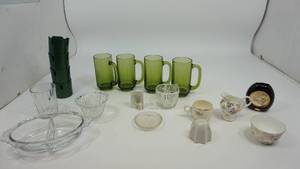 Assorted Glassware including 5 12 Green glass mugs, Magnetic Bottle koozies etc.
