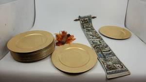 Two Dozen Gold Plate Chargers and Fabric Scroll Art etc
