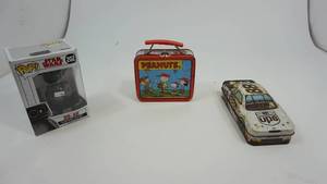 Star Wars Pop BB-9E, 1995 Peanuts Mini Tin Lunchbox, Nascar 88 Covered Tin