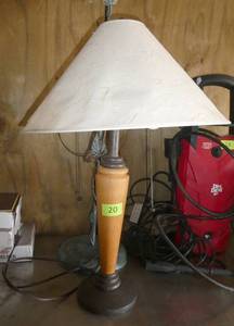 lot 20 image: Two lamps, one metal floor lamp and one wood table lamp