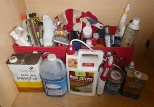 lot 36 image: Cabinet full of chemicals, Roundup, bug killer, windshield washer, goo gone, paint etc.  More was added later