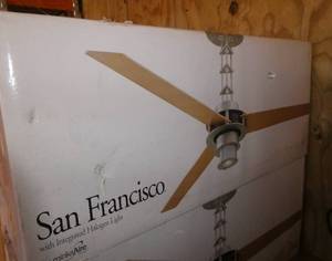 lot 72 image: New ceiling fan with halogen light brushed steel and chrome with birdseye maple blades