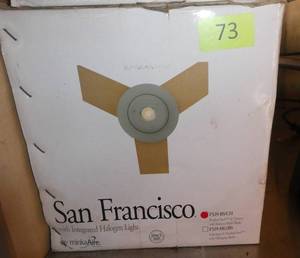 lot 73 image: New ceiling fan with halogen light brushed steel and chrome with birdseye maple blades