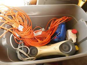 lot 100 image: Tote with 2 like new extension cords, sony boombox, roundup