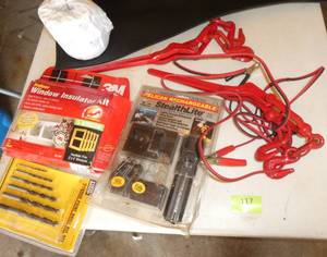 lot 117 image: 2 chain binders, drill bits, flashlight, window kit and TP