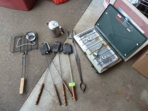 lot 150 image: Group of camping supplies, camp stove, coffee pot, burger makers, etc