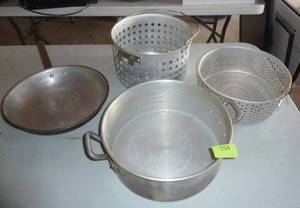 lot 154 image: Group of deep fry strainers, aluminum pot and camping fry pan