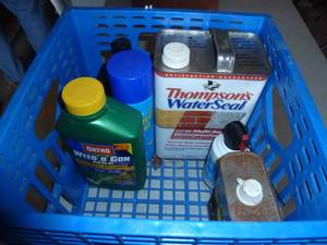 lot 158 image: milk crate of chemicals