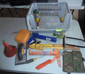 lot 159 image: Bin of misc items, tackle boxes, caulk gun, garden tools