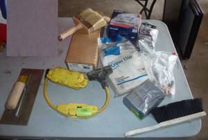 lot 186 image: Lot of stuff including new brushes, coveralls, smoke detector, light, steel wool