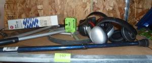 lot 192 image: Shelf with a measuring wheel, cane, boat cover kit, clippers etc
