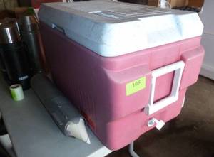 lot 198 image: cooler full of 5 thermos and solo cup dispenser