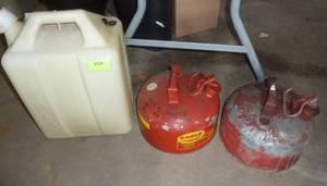 lot 204 image: 2 gas cans and a plastic jug