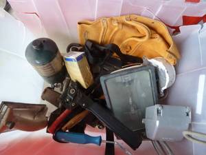 lot 219 image: Tote with leather pouch, stapler, seeder, etc