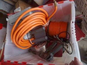 lot 221 image: tote with new air hose, weed whip string, double hinges